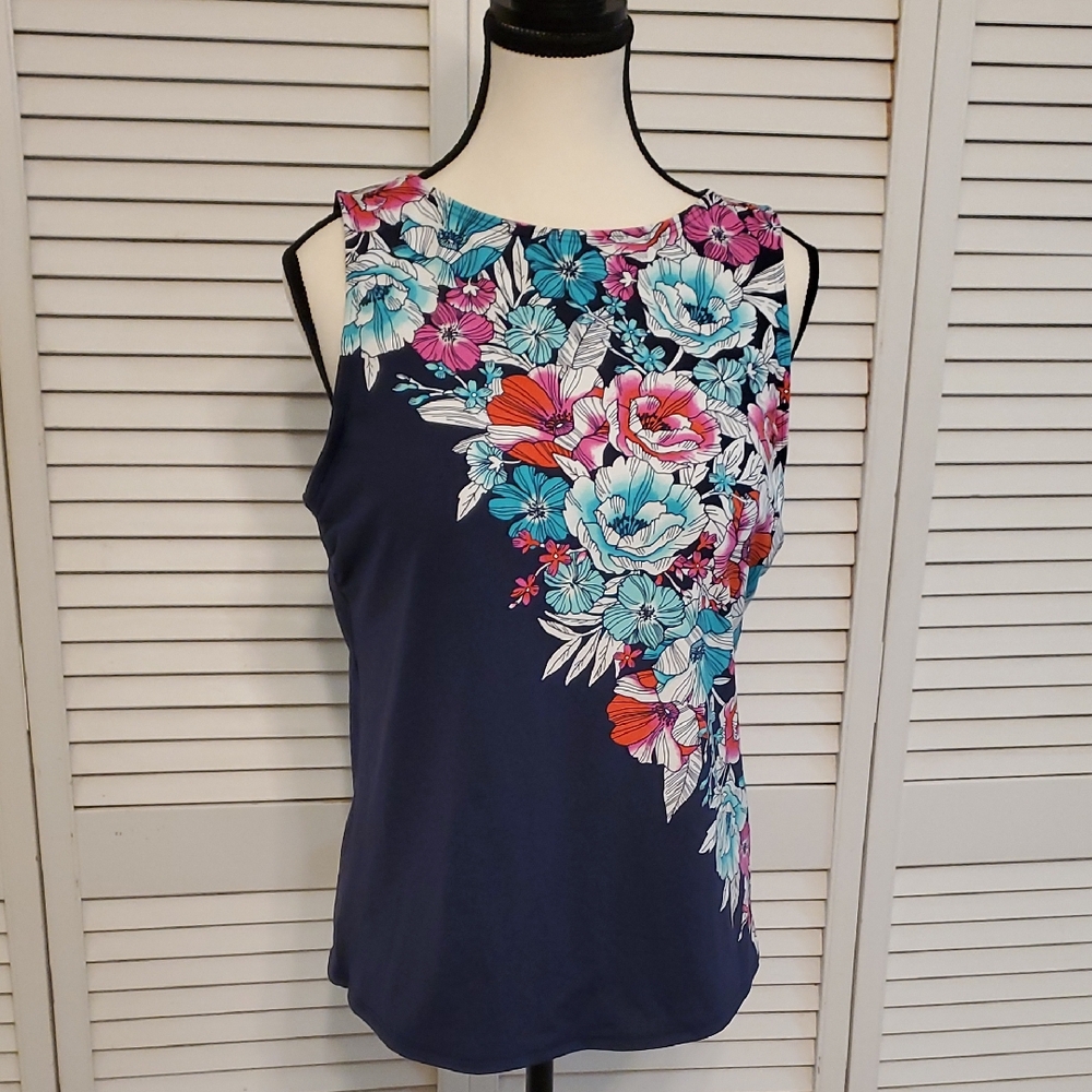 Land's End Navy Blue Floral Tankini Top, Size 12